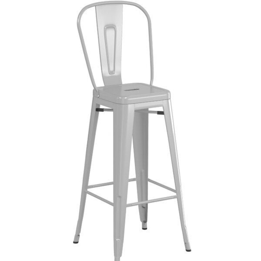 Outdoor Restaurant Bar Stools * | Best Reviews Of Lt&S Alloy Series Lancaster Table & Seating Alloy Series Silver Metal Indoor / Outdoor Industrial Cafe Barstool With Vertical Slat Back And Drain Hole Seat