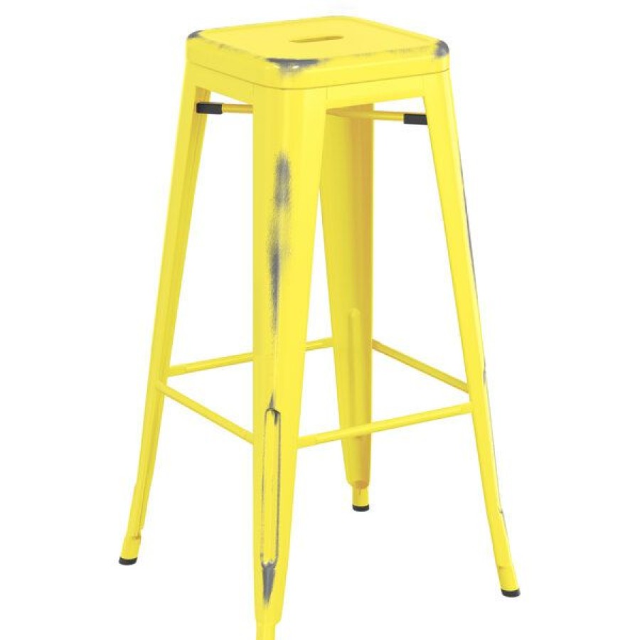 Outdoor Restaurant Bar Stools * | Wholesale Lt&S Alloy Series Lancaster Table & Seating Alloy Series Distressed Yellow Stackable Metal Indoor / Outdoor Industrial Barstool With Drain Hole Seat