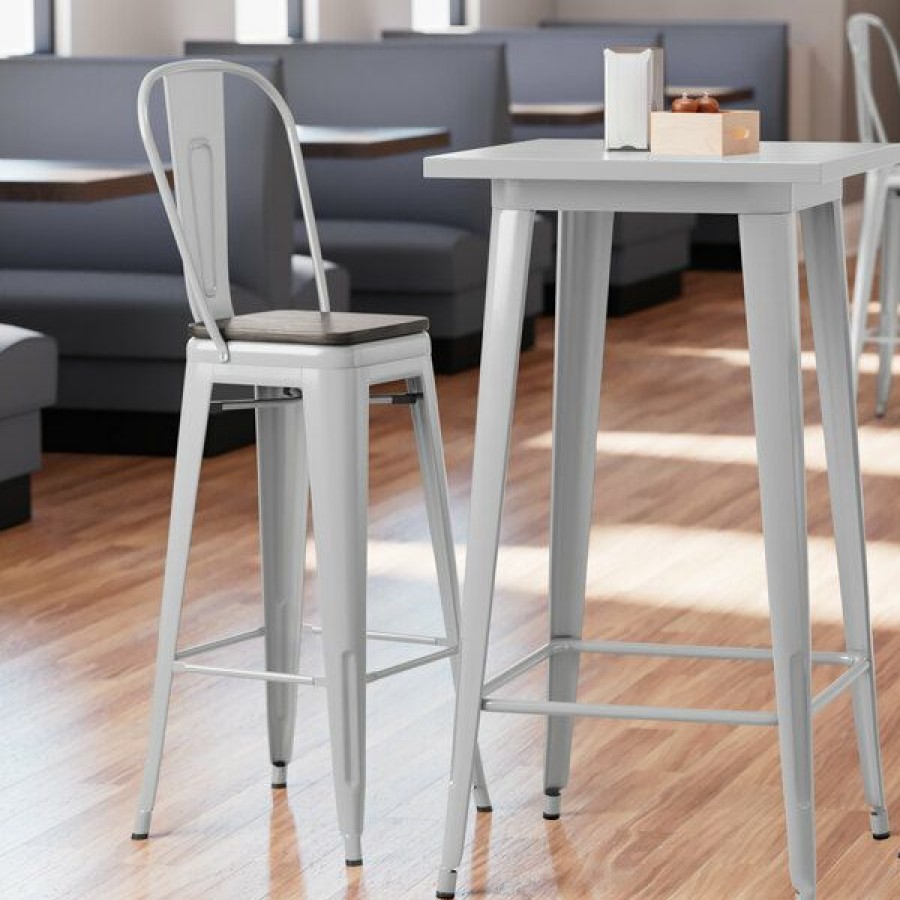 Restaurant Bar Stools * | Budget Lt&S Alloy Series Lancaster Table & Seating Alloy Series Silver Metal Indoor Industrial Cafe Bar Height Stool With Vertical Slat Back And Black Wood Seat