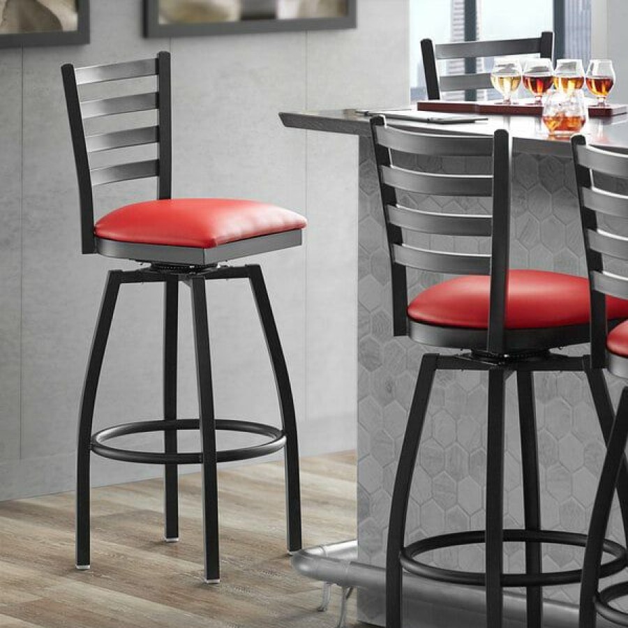 Restaurant Bar Stools * | Top 10 Lancaster Table & Seating Black Top Frame Ladder Back Swivel Bar Height Chair With Red Padded Seat