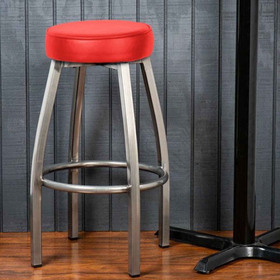 Restaurant Bar Stools * | Best Pirce Lancaster Table & Seating Clear Coat Backless Barstool With Red Swivel Upholstered Seat