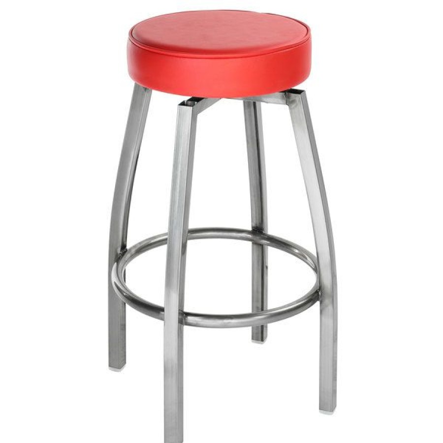 Restaurant Bar Stools * | Best Pirce Lancaster Table & Seating Clear Coat Backless Barstool With Red Swivel Upholstered Seat