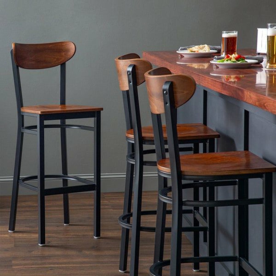 Restaurant Bar Stools * | Budget Lt&S Boomerang Series Lancaster Table & Seating Boomerang Bar Height Black Chair With Antique Walnut Seat And Back