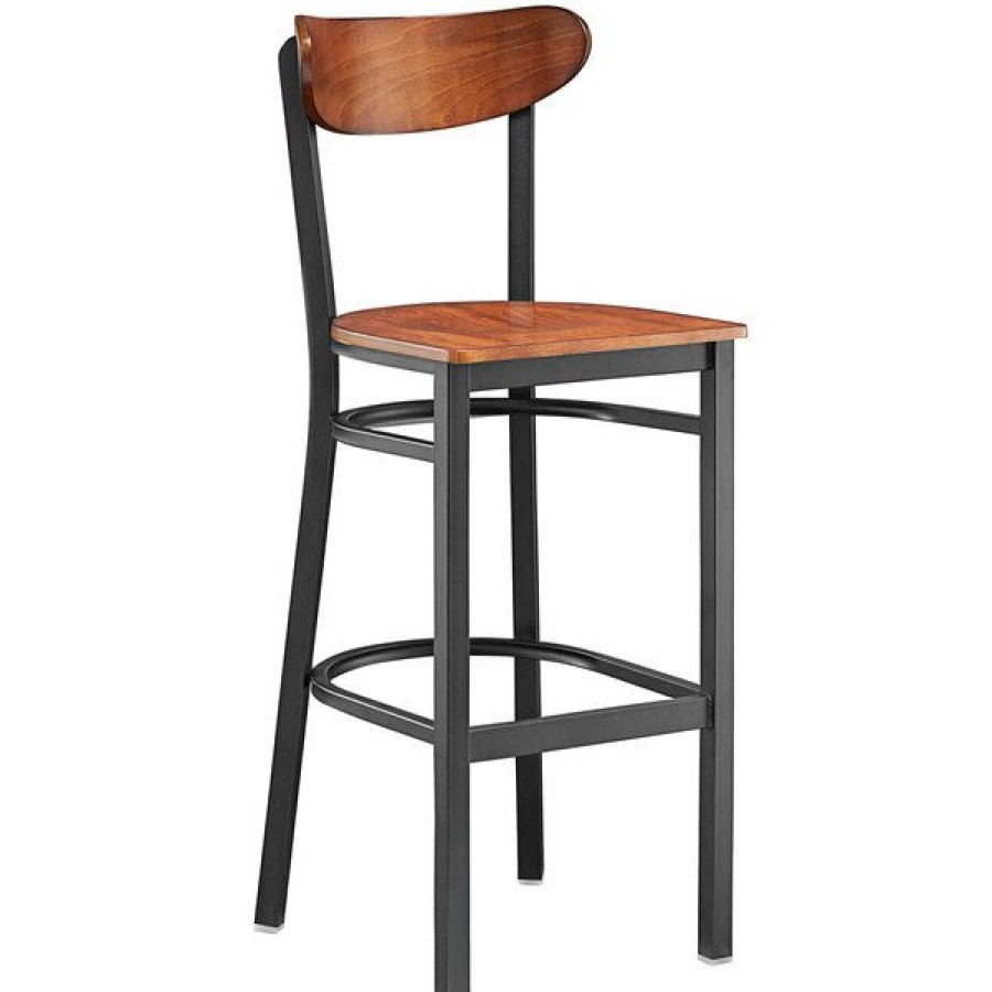 Restaurant Bar Stools * | Budget Lt&S Boomerang Series Lancaster Table & Seating Boomerang Bar Height Black Chair With Antique Walnut Seat And Back