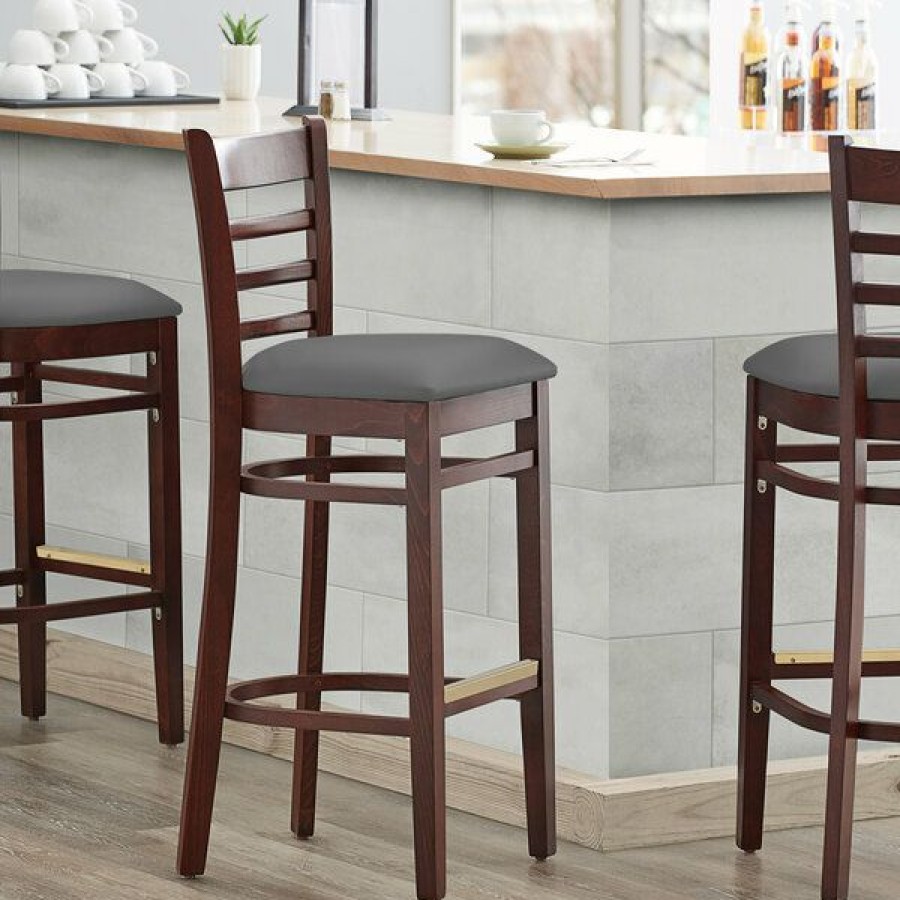 Restaurant Bar Stools * | Deals Lancaster Table & Seating Mahogany Finish Wooden Ladder Back Bar Height Chair With Dark Gray Padded Seat