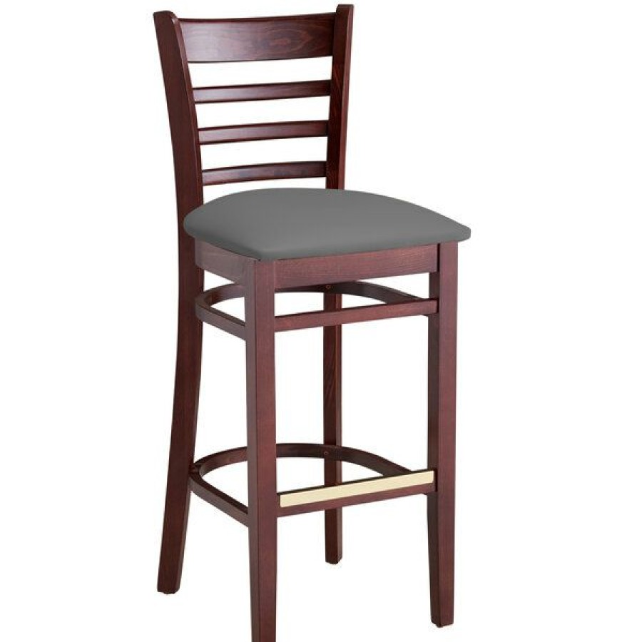 Restaurant Bar Stools * | Deals Lancaster Table & Seating Mahogany Finish Wooden Ladder Back Bar Height Chair With Dark Gray Padded Seat