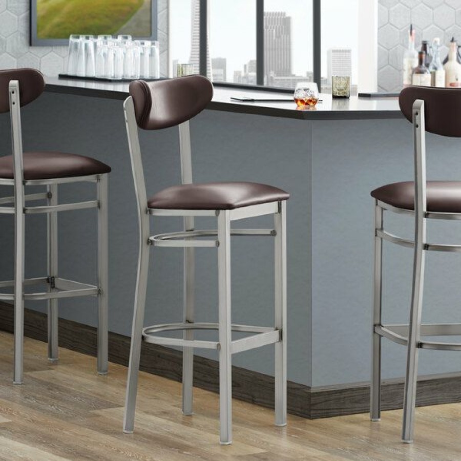 Restaurant Bar Stools * | Best Reviews Of Lt&S Boomerang Series Lancaster Table & Seating Boomerang Bar Height Clear Coat Chair With Dark Brown Vinyl Seat And Back