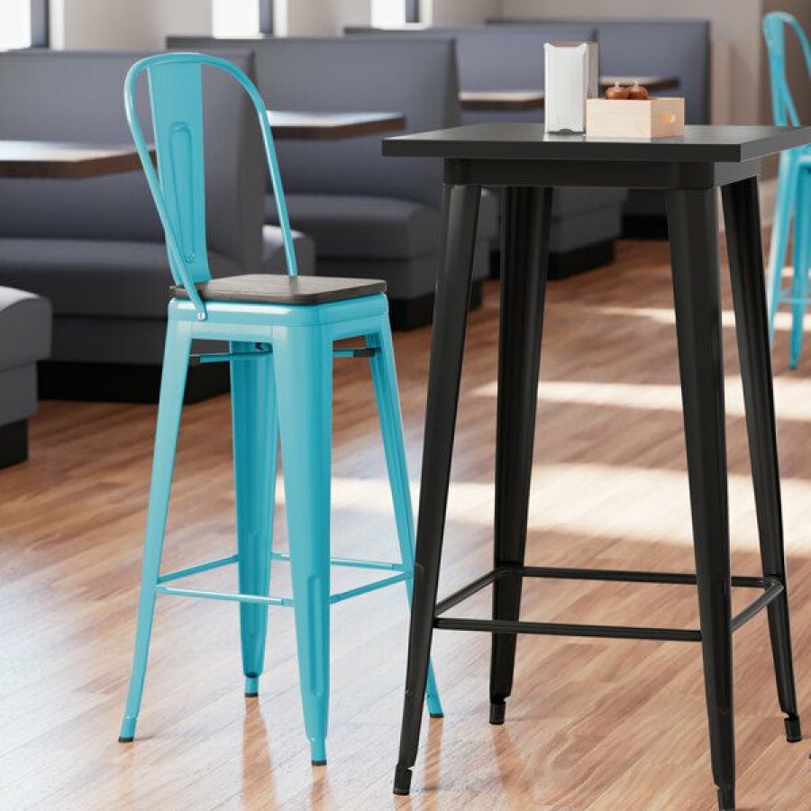 Restaurant Bar Stools * | Cheapest Lt&S Alloy Series Lancaster Table & Seating Alloy Series Arctic Blue Metal Indoor Industrial Cafe Bar Height Stool With Vertical Slat Back And Black Wood Seat