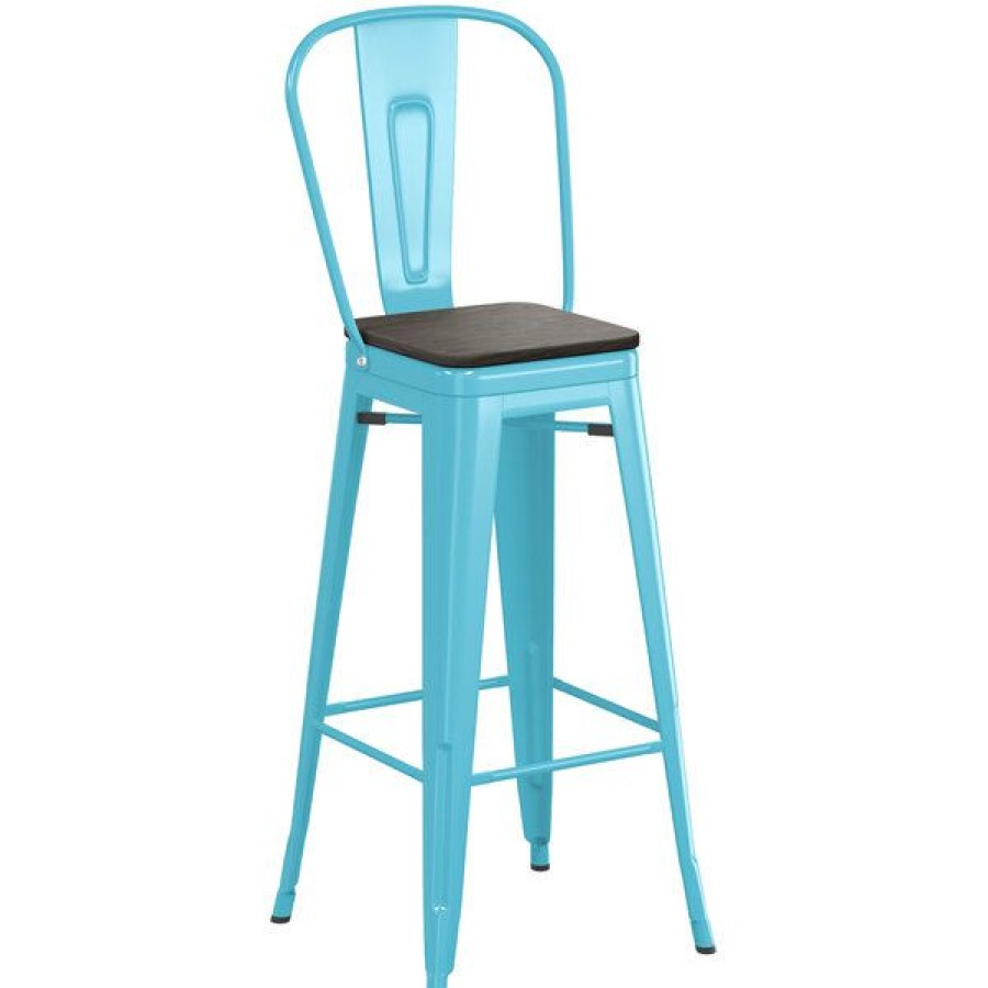 Restaurant Bar Stools * | Cheapest Lt&S Alloy Series Lancaster Table & Seating Alloy Series Arctic Blue Metal Indoor Industrial Cafe Bar Height Stool With Vertical Slat Back And Black Wood Seat