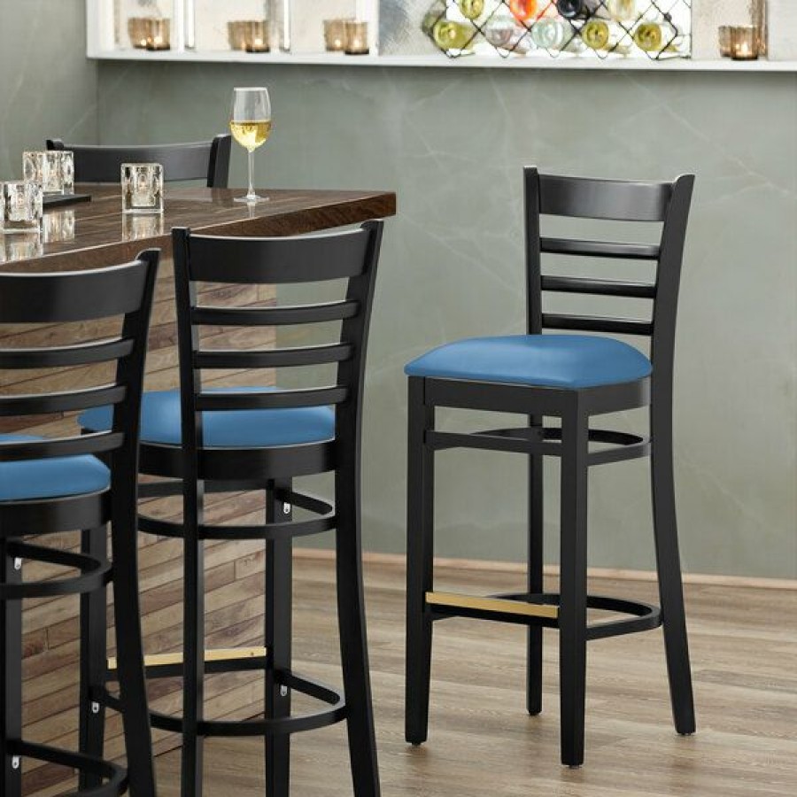 Restaurant Bar Stools * | Cheapest Lancaster Table & Seating Black Finish Wooden Ladder Back Bar Height Chair With Blue Padded Seat