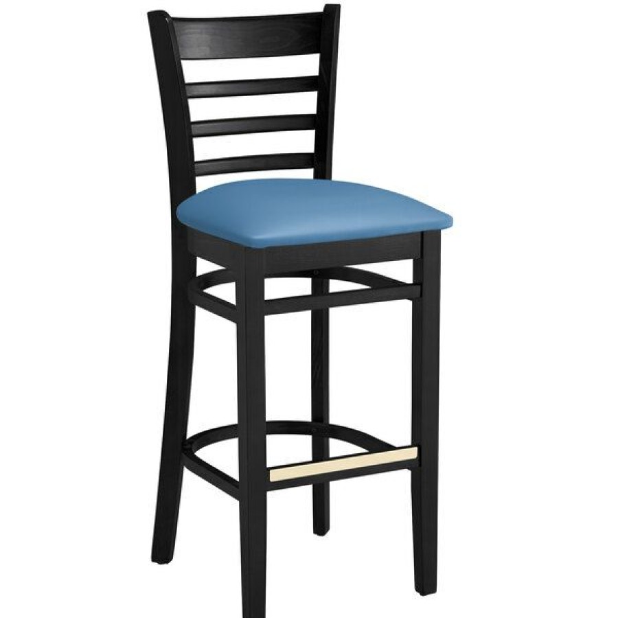 Restaurant Bar Stools * | Cheapest Lancaster Table & Seating Black Finish Wooden Ladder Back Bar Height Chair With Blue Padded Seat