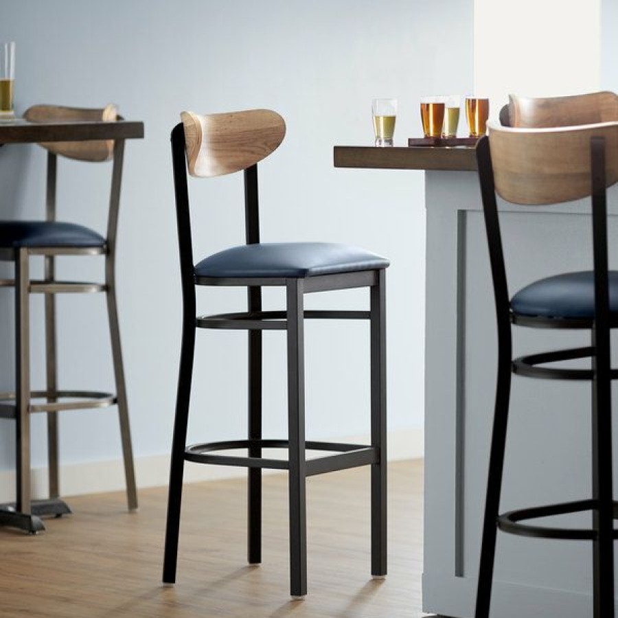 Restaurant Bar Stools * | Cheap Lt&S Boomerang Series Lancaster Table & Seating Boomerang Bar Height Black Chair With Navy Vinyl Seat And Driftwood Back