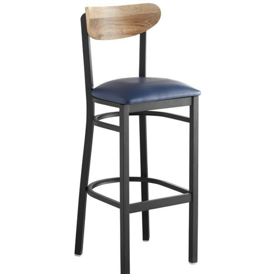 Restaurant Bar Stools * | Cheap Lt&S Boomerang Series Lancaster Table & Seating Boomerang Bar Height Black Chair With Navy Vinyl Seat And Driftwood Back