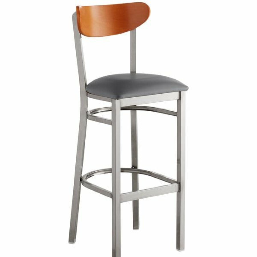 Restaurant Bar Stools * | Hot Sale Lt&S Boomerang Series Lancaster Table & Seating Boomerang Bar Height Clear Coat Chair With Dark Gray Vinyl Seat And Cherry Back