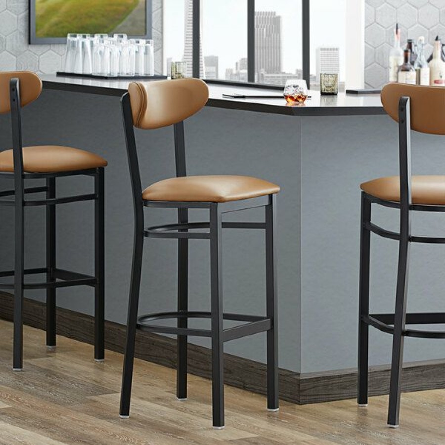 Restaurant Bar Stools * | Wholesale Lt&S Boomerang Series Lancaster Table & Seating Boomerang Bar Height Black Coat Chair With Light Brown Vinyl Seat And Back