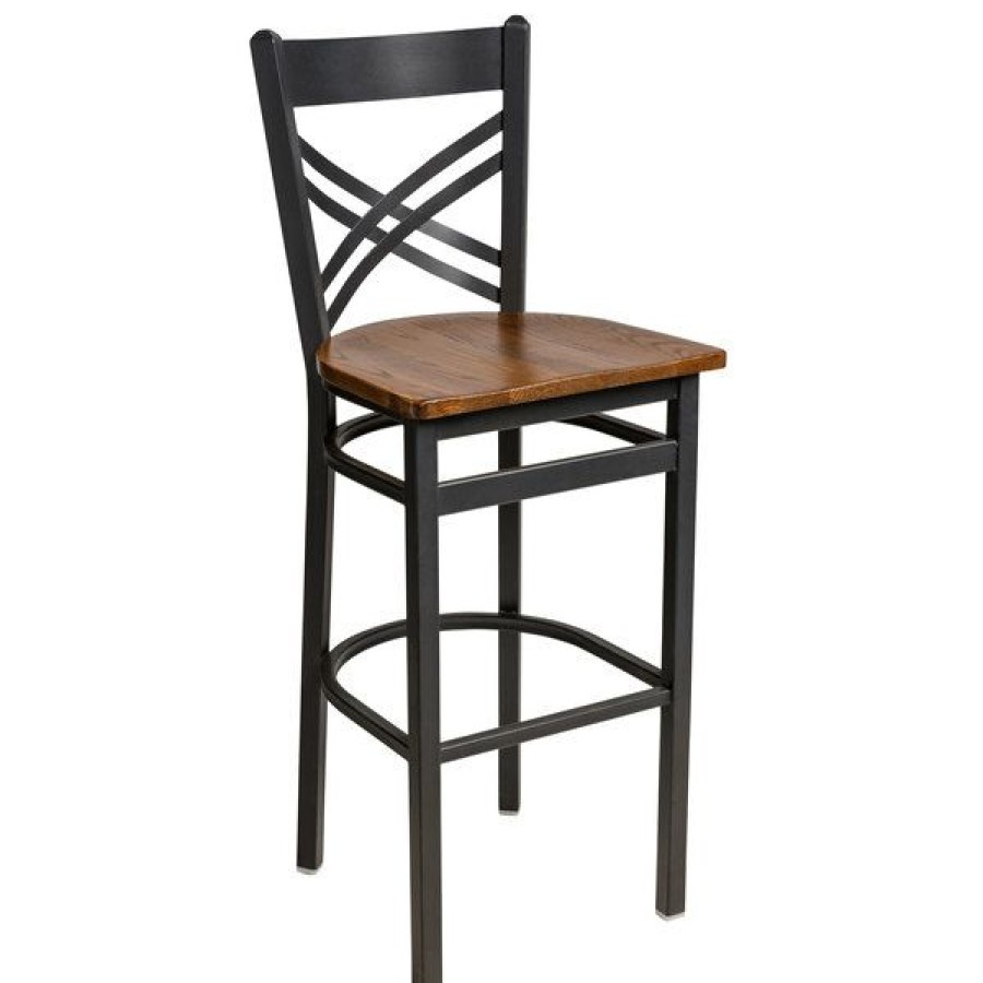 Restaurant Bar Stools * | Promo Bfm Seating 2130Bash-Sb Akrin Sand Black Steel Bar Height Chair With Cross Steel Back And Autumn Ash Wooden Seat