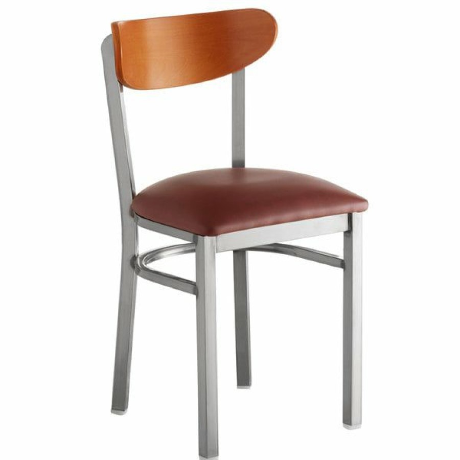 Restaurant Chairs * | Brand New Lt&S Boomerang Series Lancaster Table & Seating Boomerang Clear Coat Chair With Burgundy Vinyl Seat And Cherry Back