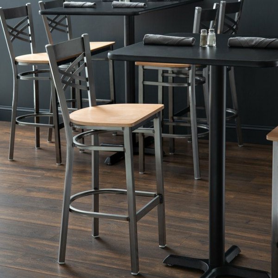 Restaurant Bar Stools * | Best Deal Lancaster Table & Seating Cross Back Clear Coat Steel Bar Height Chair With Natural Seat