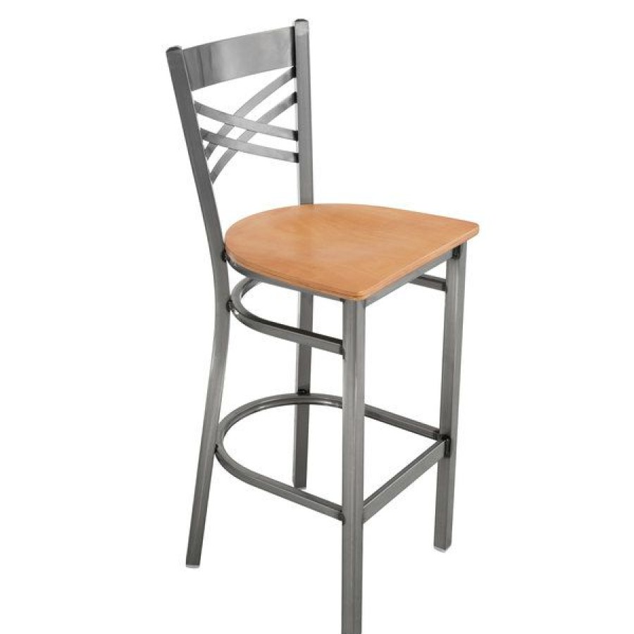 Restaurant Bar Stools * | Best Deal Lancaster Table & Seating Cross Back Clear Coat Steel Bar Height Chair With Natural Seat