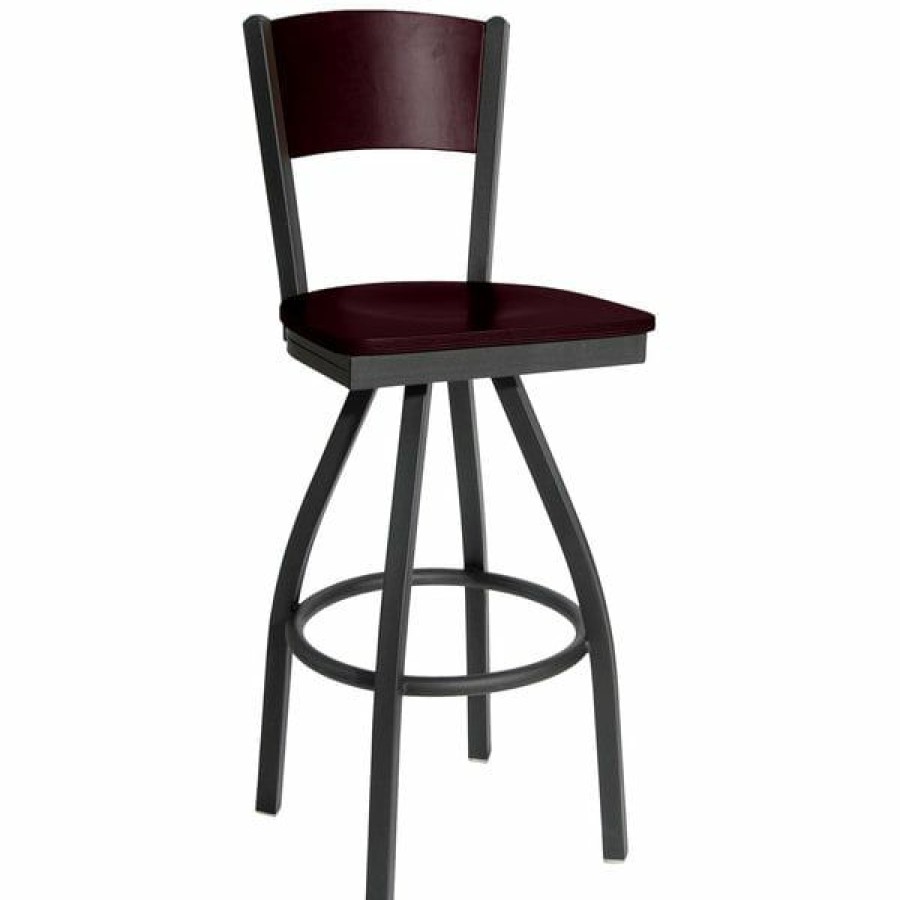 Restaurant Bar Stools * | Top 10 Bfm Seating 2150Smhw-Mhsb Dale Sand Black Metal Swivel Bar Height Chair With Mahogany Finish Wooden Back And Seat