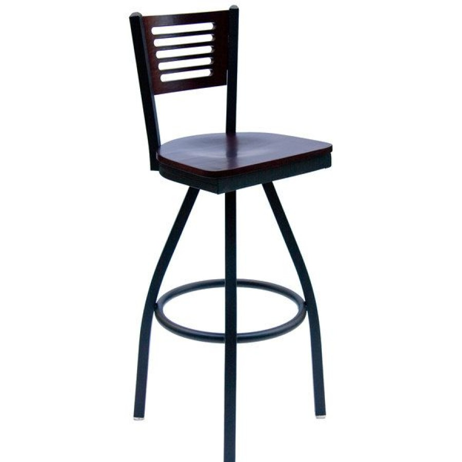 Restaurant Bar Stools * | Buy Bfm Seating 2151Smhw-Mhsb Espy Sand Black Metal Bar Height Chair With Mahogany Wooden Back And Swivel Seat