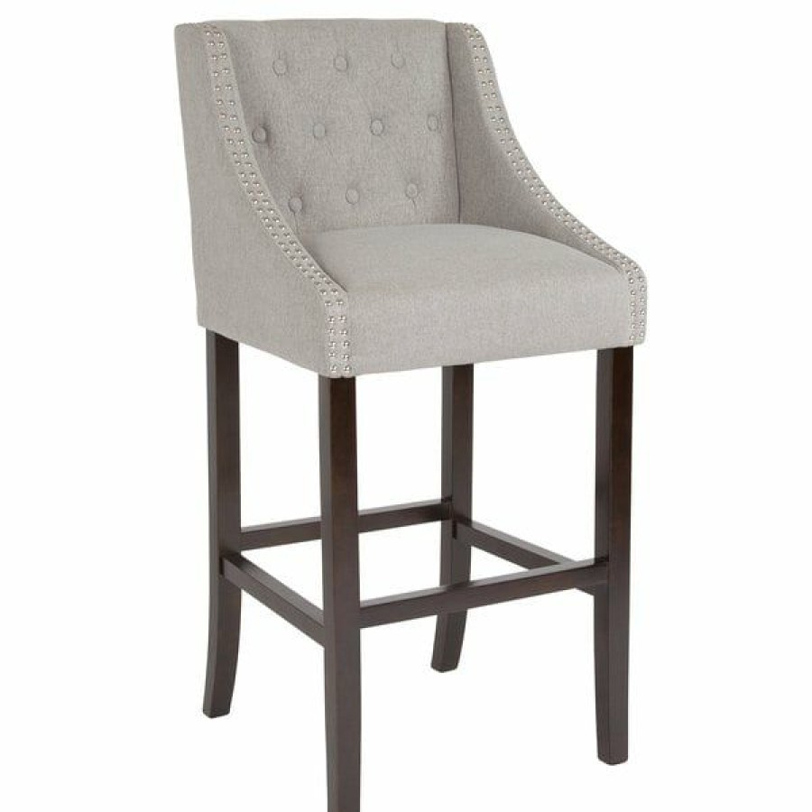 Restaurant Bar Stools * | Hot Sale Flash Furniture Ch-182020-T-30-Ltgy-F-Gg Carmel Series Light Gray Tufted Fabric Bar Stool With Walnut Frame And Nail Trim Accent