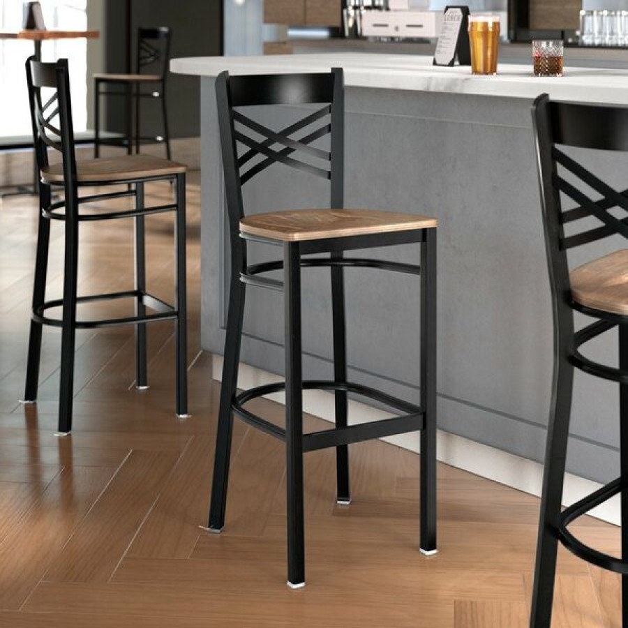 Restaurant Bar Stools * | Outlet Lancaster Table & Seating Black Cross Back Bar Height Chair With Vintage Wood Seat