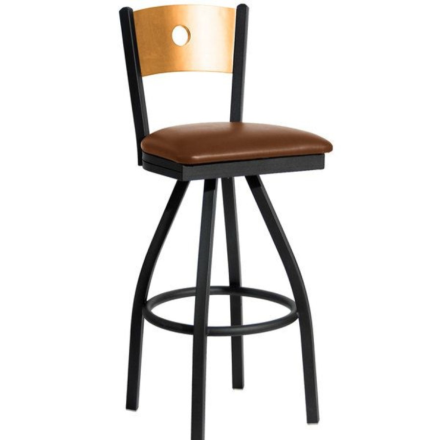 Restaurant Bar Stools * | Top 10 Bfm Seating 2152Slbv-Ntsb Darby Sand Black Metal Bar Height Chair With Natural Wooden Back And 2 Light Brown Vinyl Swivel Seat