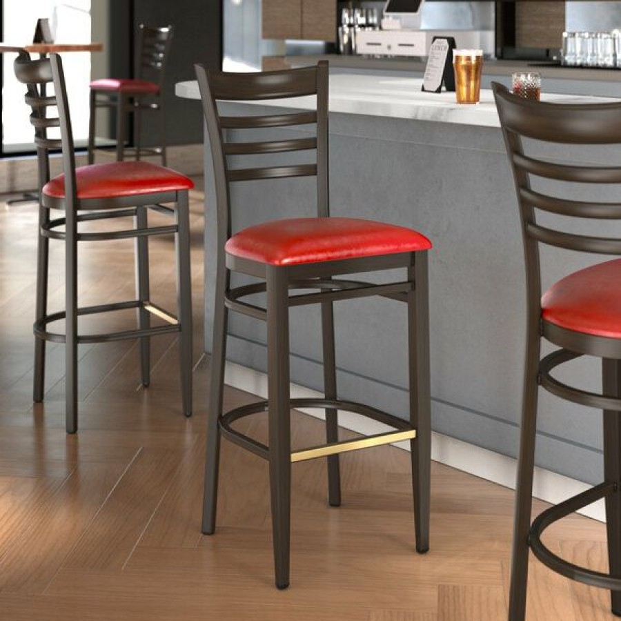 Restaurant Bar Stools * | Flash Sale Lt&S Spartan Series Lancaster Table & Seating Spartan Series Bar Height Metal Ladder Back Chair With Walnut Wood Grain Finish And Red Vinyl Seat