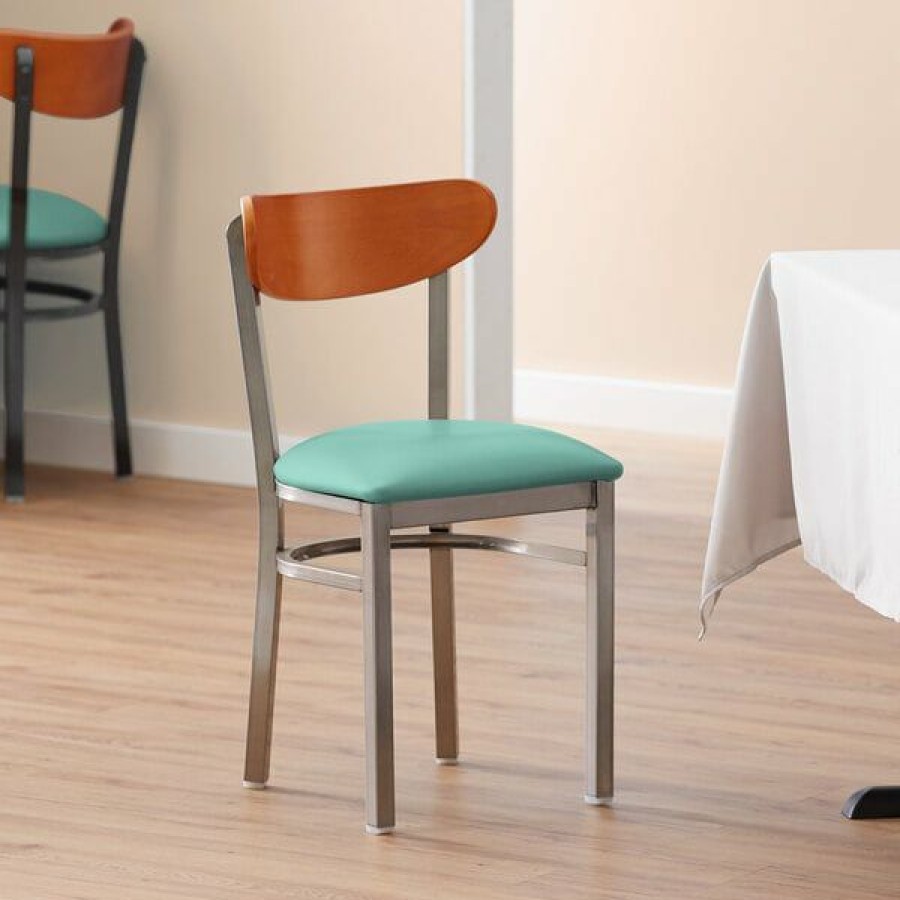 Restaurant Chairs * | Wholesale Lt&S Boomerang Series Lancaster Table & Seating Boomerang Clear Coat Chair With Seafoam Vinyl Seat And Cherry Back