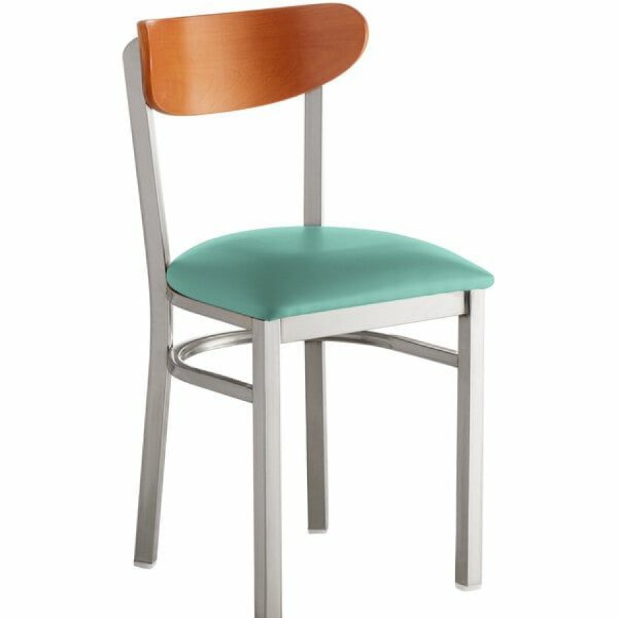 Restaurant Chairs * | Wholesale Lt&S Boomerang Series Lancaster Table & Seating Boomerang Clear Coat Chair With Seafoam Vinyl Seat And Cherry Back