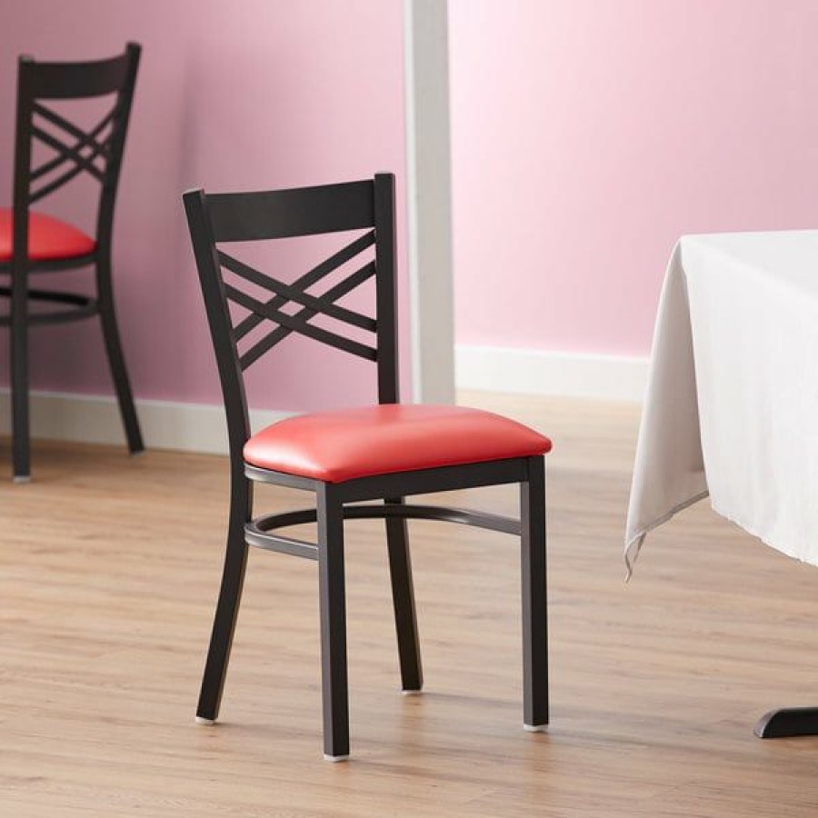 Restaurant Chairs * | Best Reviews Of Lancaster Table & Seating Cross Back Black Chair With Red Vinyl Seat