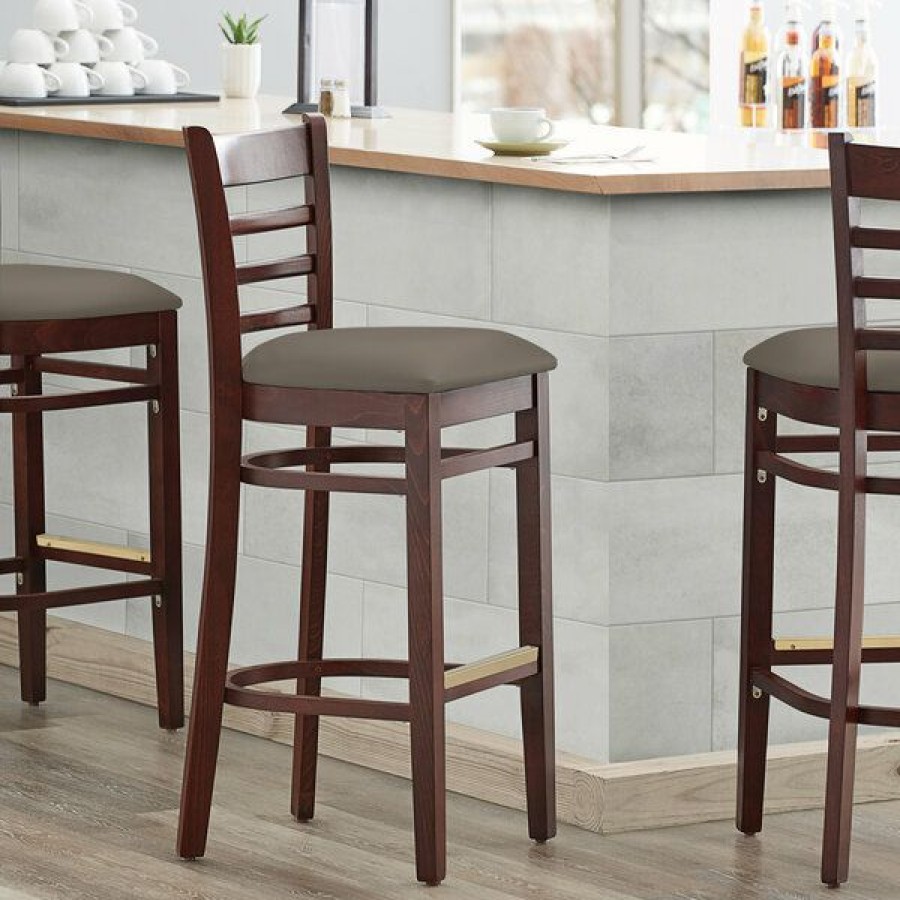 Restaurant Bar Stools * | Discount Lancaster Table & Seating Mahogany Finish Wooden Ladder Back Bar Height Chair With Taupe Padded Seat