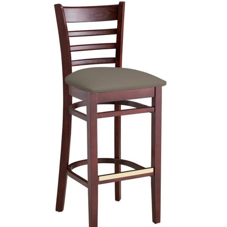 Restaurant Bar Stools * | Discount Lancaster Table & Seating Mahogany Finish Wooden Ladder Back Bar Height Chair With Taupe Padded Seat