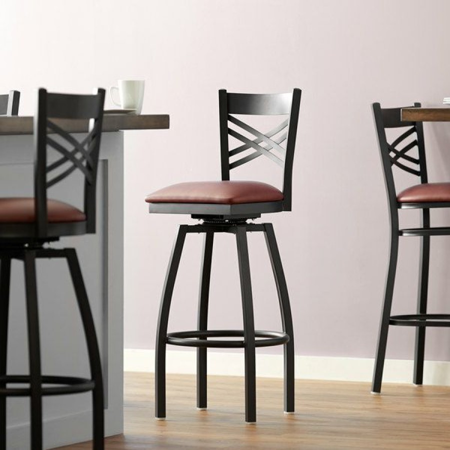 Restaurant Bar Stools * | Brand New Lancaster Table & Seating Cross Back Bar Height Black Swivel Chair With Burgundy Vinyl Seat