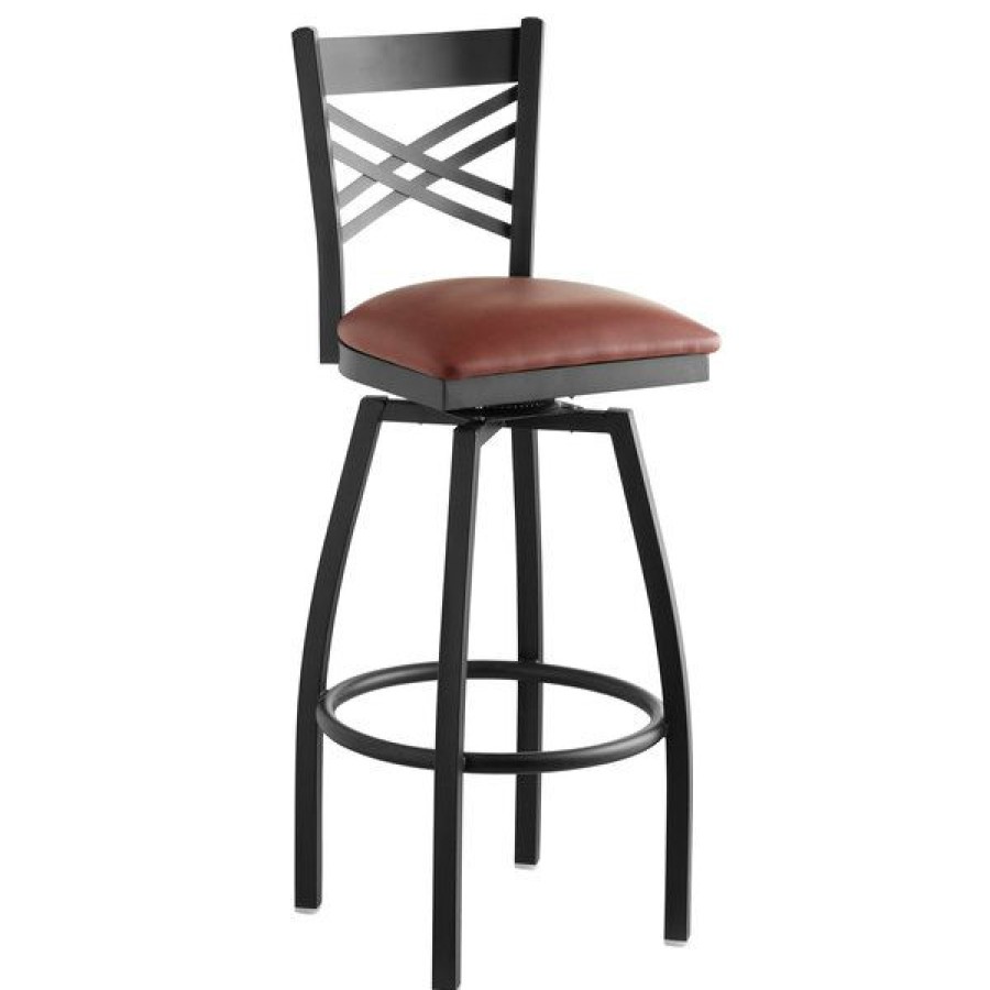 Restaurant Bar Stools * | Brand New Lancaster Table & Seating Cross Back Bar Height Black Swivel Chair With Burgundy Vinyl Seat