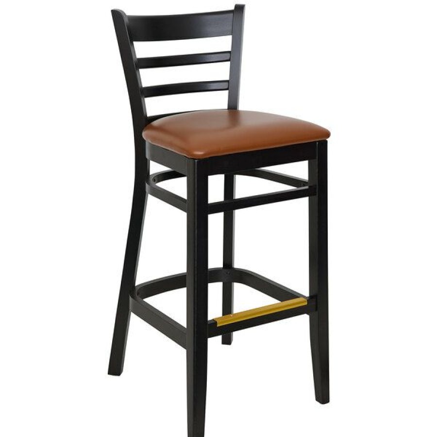 Restaurant Bar Stools * | Promo Bfm Seating Berkeley Black Beechwood Ladder Back Barstool With 2 Light Brown Vinyl Seat