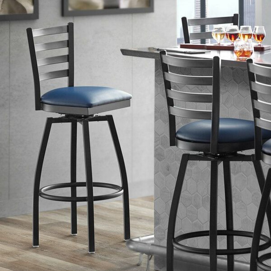 Restaurant Bar Stools * | Hot Sale Lancaster Table & Seating Black Top Frame Ladder Back Swivel Bar Height Chair With Navy Blue Padded Seat