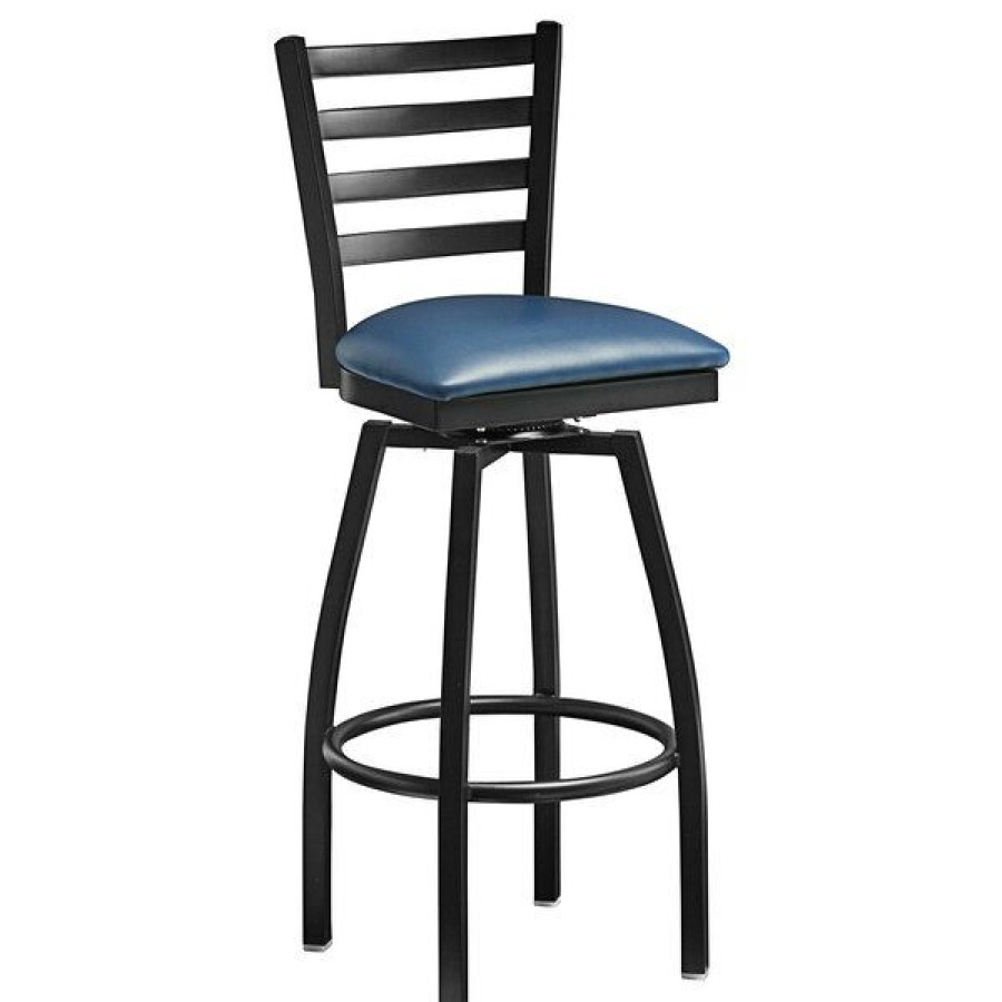 Restaurant Bar Stools * | Hot Sale Lancaster Table & Seating Black Top Frame Ladder Back Swivel Bar Height Chair With Navy Blue Padded Seat