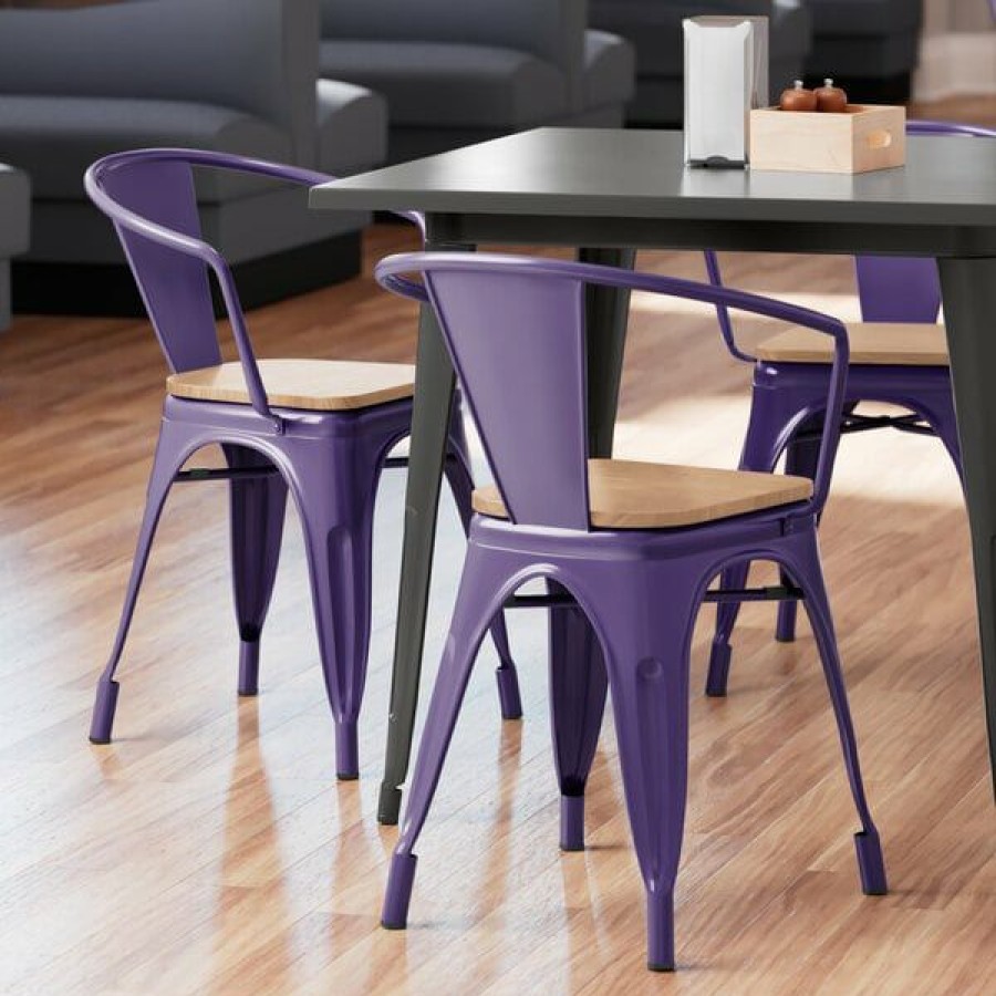 Restaurant Chairs * | New Lt&S Alloy Series Lancaster Table & Seating Alloy Series Purple Metal Indoor Industrial Cafe Arm Chair With Natural Wood Seat