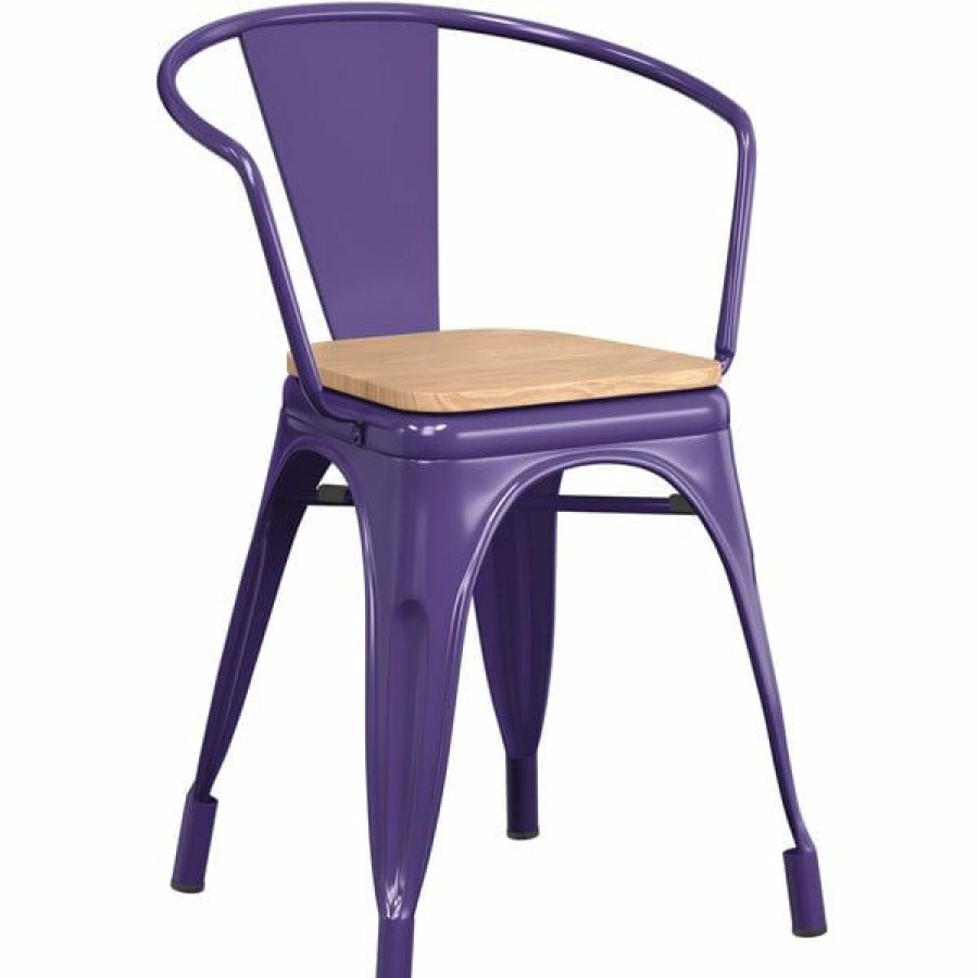 Restaurant Chairs * | New Lt&S Alloy Series Lancaster Table & Seating Alloy Series Purple Metal Indoor Industrial Cafe Arm Chair With Natural Wood Seat