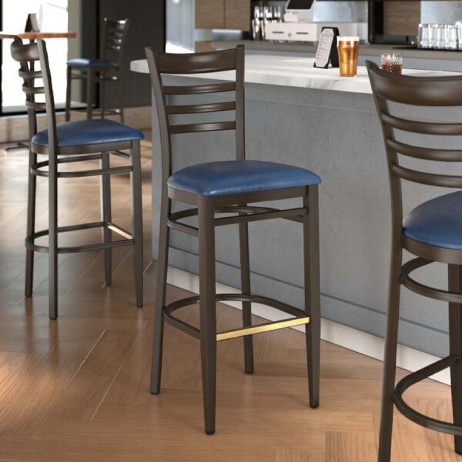 Restaurant Bar Stools * | Best Pirce Lt&S Spartan Series Lancaster Table & Seating Spartan Series Bar Height Metal Ladder Back Chair With Walnut Wood Grain Finish And Navy Vinyl Seat