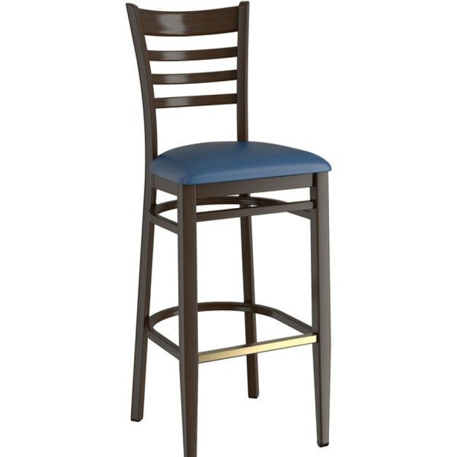 Restaurant Bar Stools * | Best Pirce Lt&S Spartan Series Lancaster Table & Seating Spartan Series Bar Height Metal Ladder Back Chair With Walnut Wood Grain Finish And Navy Vinyl Seat