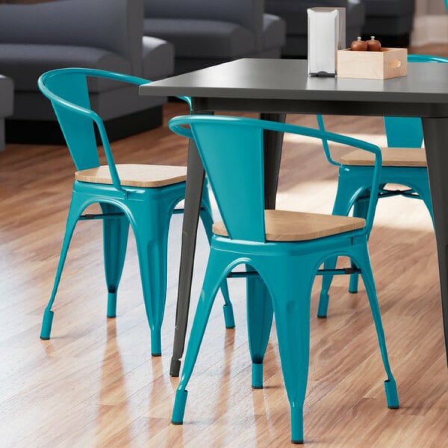 Restaurant Chairs * | Budget Lt&S Alloy Series Lancaster Table & Seating Alloy Series Teal Metal Indoor Industrial Cafe Arm Chair With Natural Wood Seat