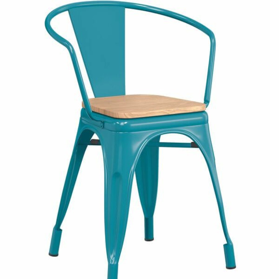 Restaurant Chairs * | Budget Lt&S Alloy Series Lancaster Table & Seating Alloy Series Teal Metal Indoor Industrial Cafe Arm Chair With Natural Wood Seat