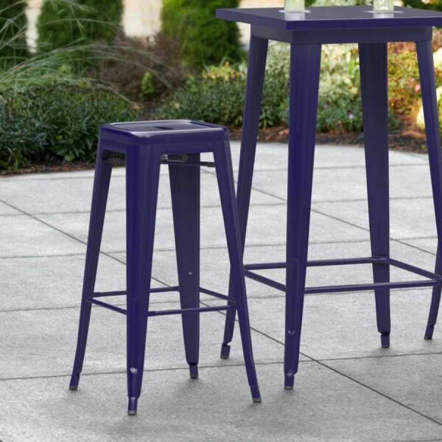 Outdoor Restaurant Bar Stools * | Outlet Lt&S Alloy Series Lancaster Table & Seating Alloy Series Navy Stackable Metal Indoor / Outdoor Industrial Barstool With Drain Hole Seat