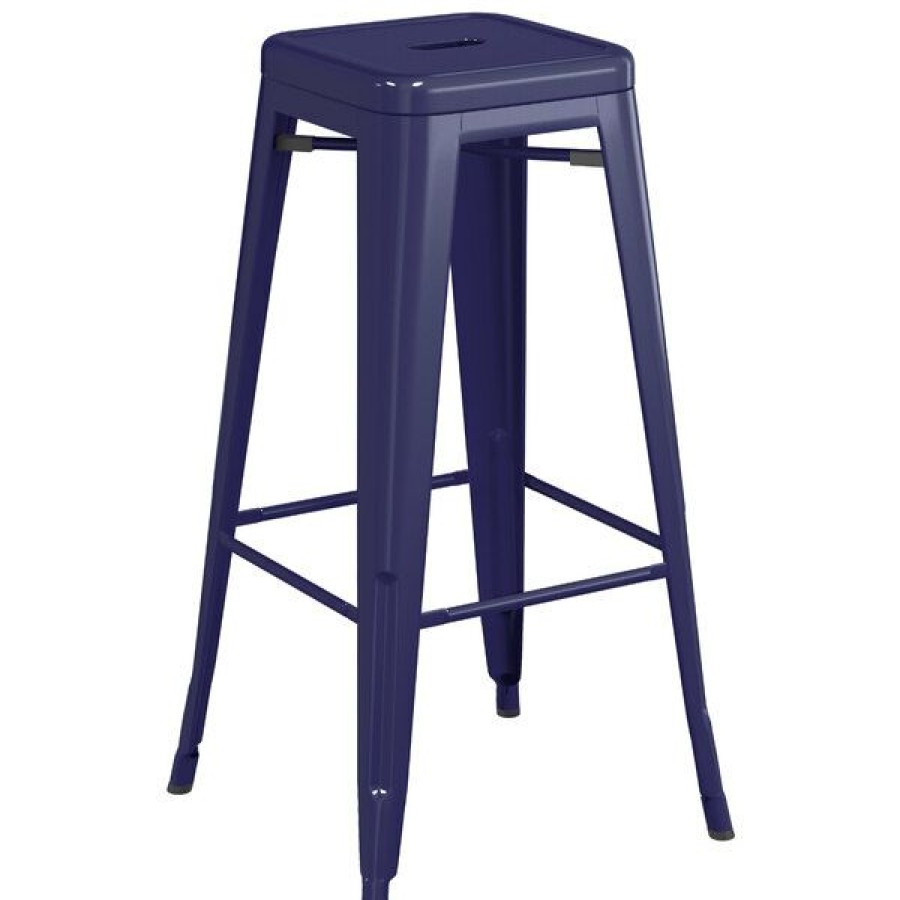 Outdoor Restaurant Bar Stools * | Outlet Lt&S Alloy Series Lancaster Table & Seating Alloy Series Navy Stackable Metal Indoor / Outdoor Industrial Barstool With Drain Hole Seat