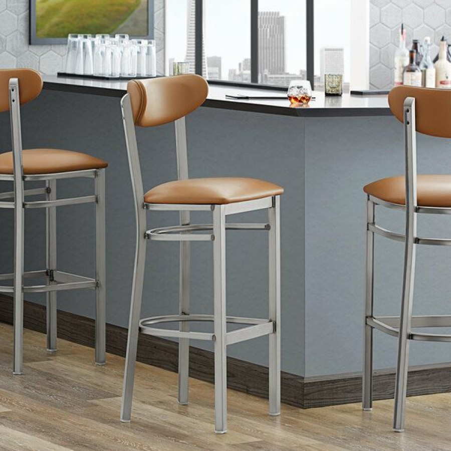 Restaurant Bar Stools * | Best Reviews Of Lt&S Boomerang Series Lancaster Table & Seating Boomerang Bar Height Clear Coat Chair With Light Brown Vinyl Seat And Back