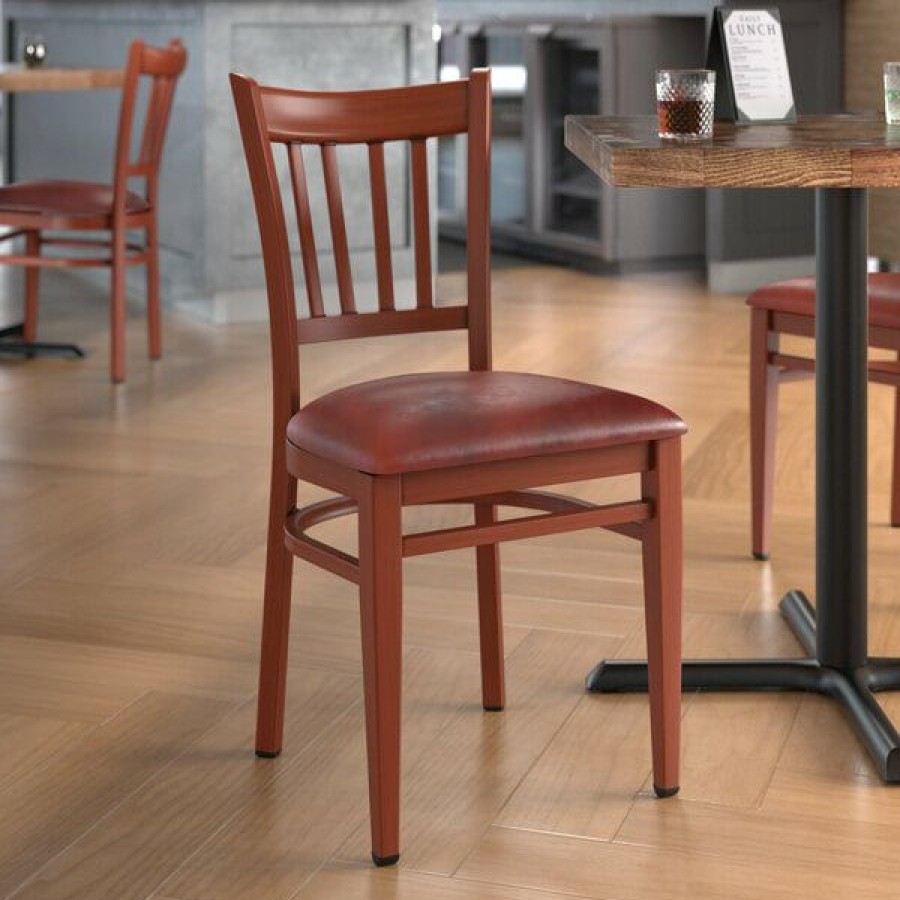 Restaurant Chairs * | Cheapest Lt&S Spartan Series Lancaster Table & Seating Spartan Series Metal Slat Back Chair With Mahogany Wood Grain Finish And Burgundy Vinyl Seat