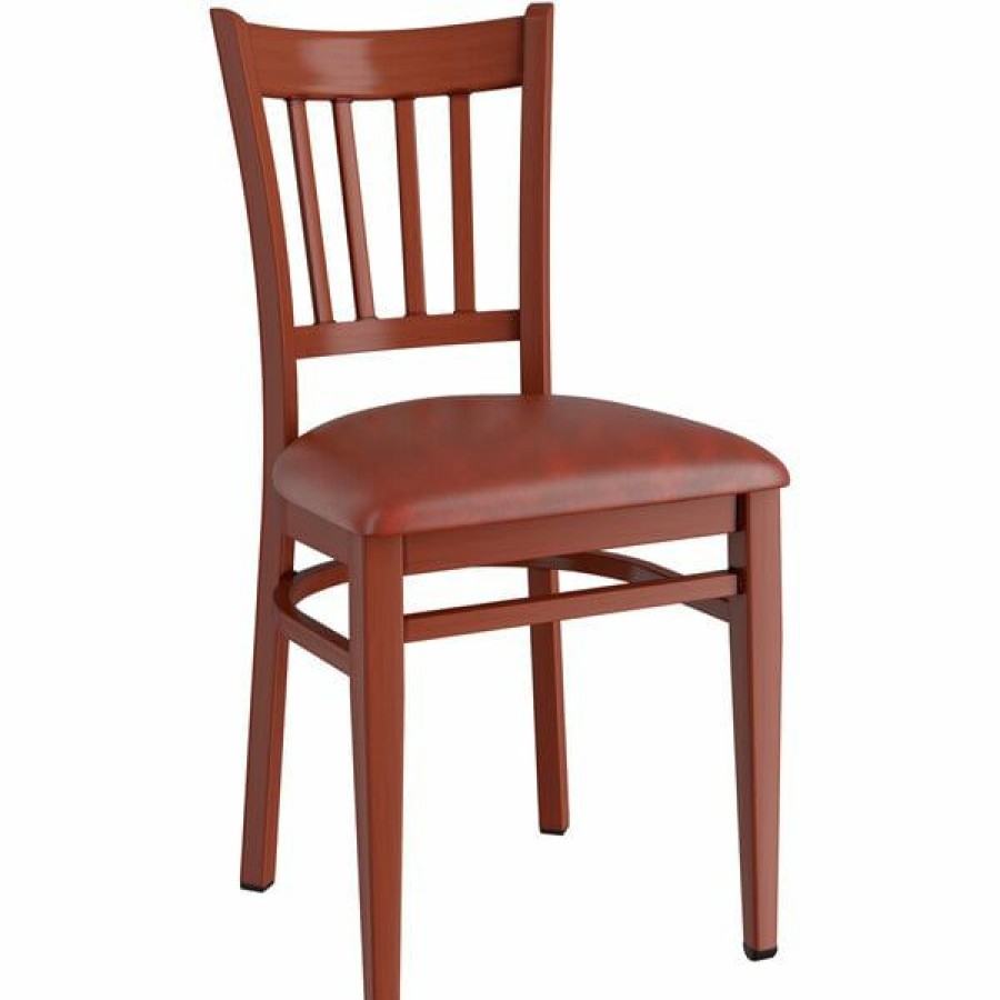 Restaurant Chairs * | Cheapest Lt&S Spartan Series Lancaster Table & Seating Spartan Series Metal Slat Back Chair With Mahogany Wood Grain Finish And Burgundy Vinyl Seat